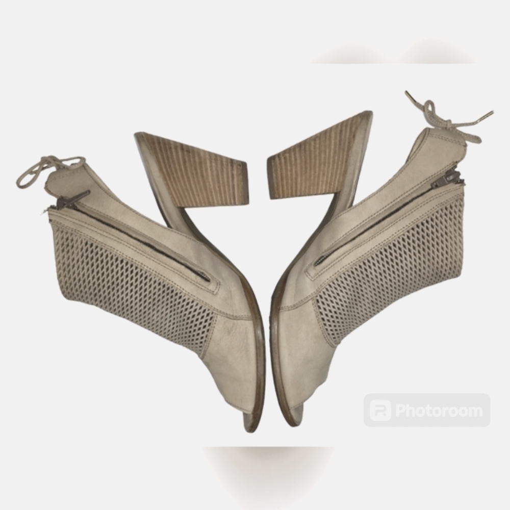 PAUL GREEN Lexi Taupe Leather Peep Toe Booties Mesh Block Heel Chic Neutrel - Picture 5 of 10